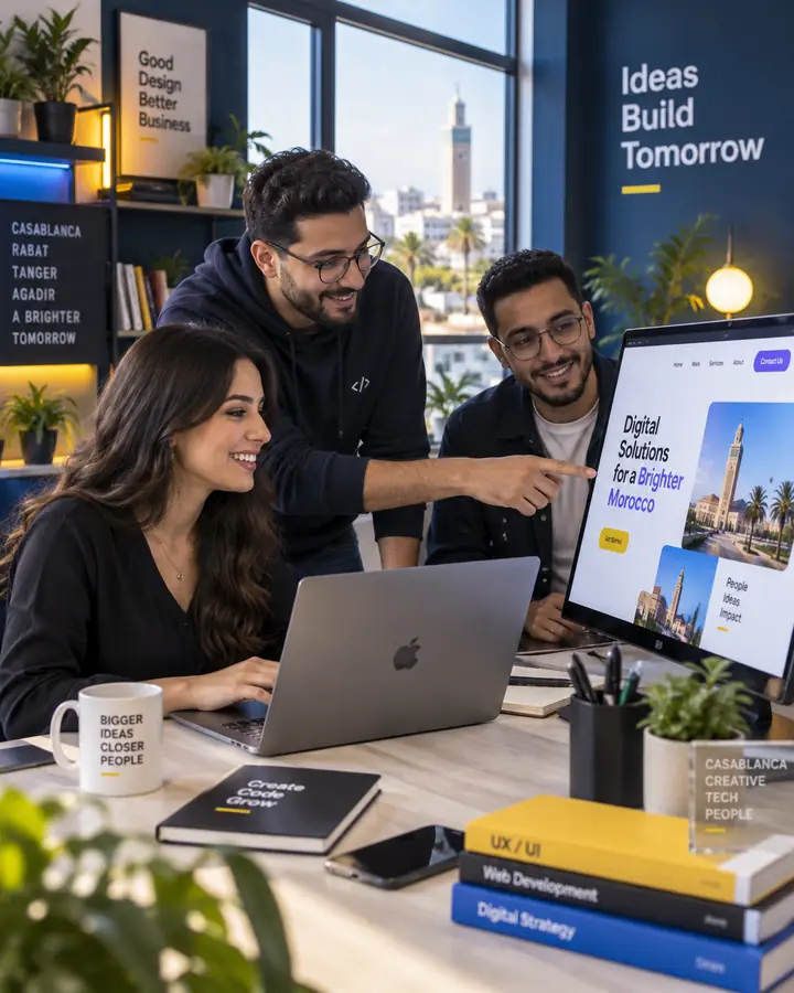 L'équipe Pixelo travaille sur un site web dans ses bureaux au Maroc