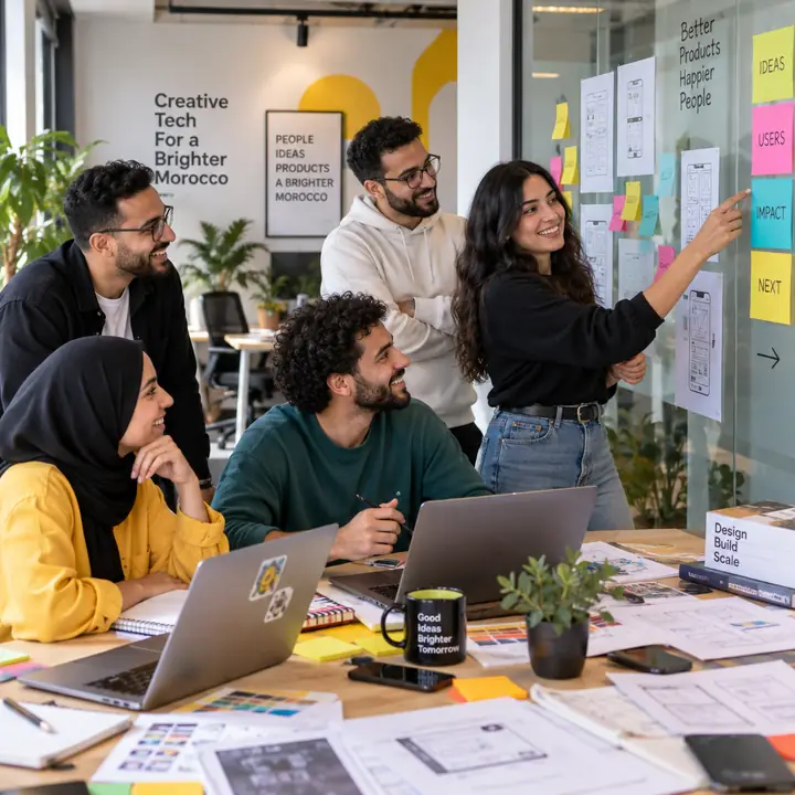 L'équipe Pixelo en atelier devant un mur de post-it